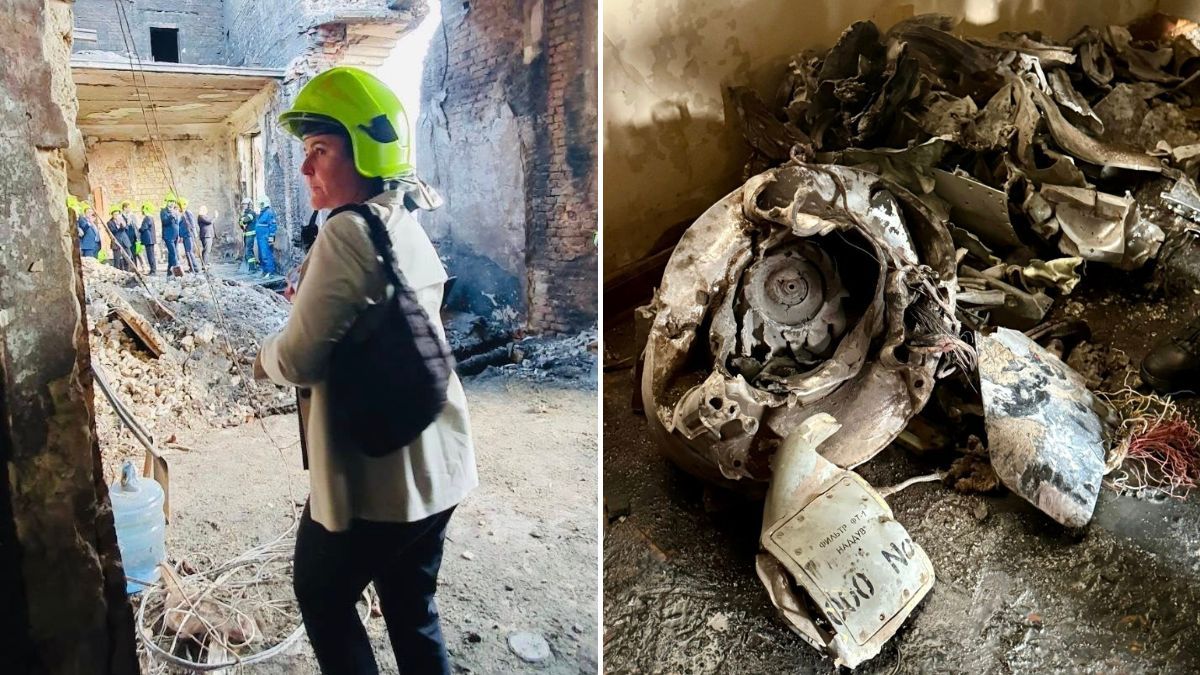 Зруйнована будівля і група співробітників рятувальних служб під час обстеження після аварії; зображення уламків авіаційного двигуна та частин інвалідної техніки.