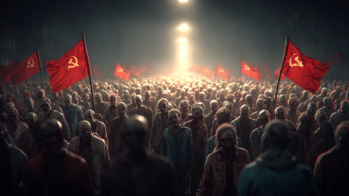 Мертві з zombie-образами на чорному тлі з червоними прапорами з серпом і молотом, символами СРСР, у сцені, яка викликає відчуття апокаліпсису, для новин Києва.