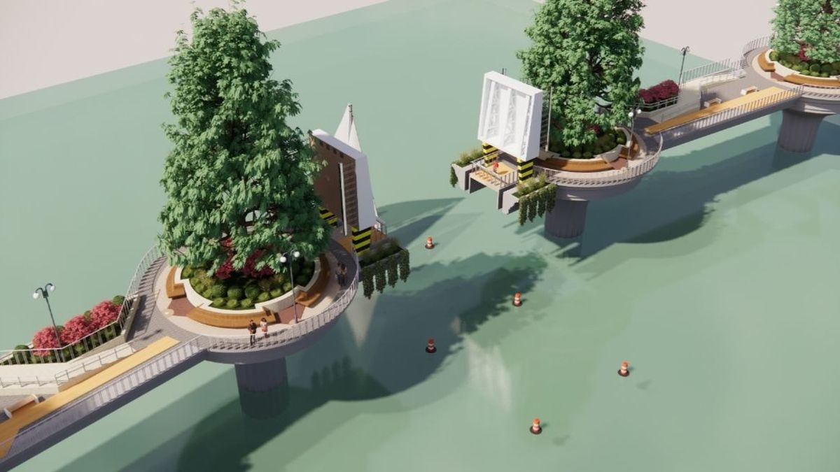 Новий пішохідний міст у Києві з зеленими насадженнями та сучасним дизайном, який з'єднує парки і надає жителям нові можливості для відпочинку та прогулянок.