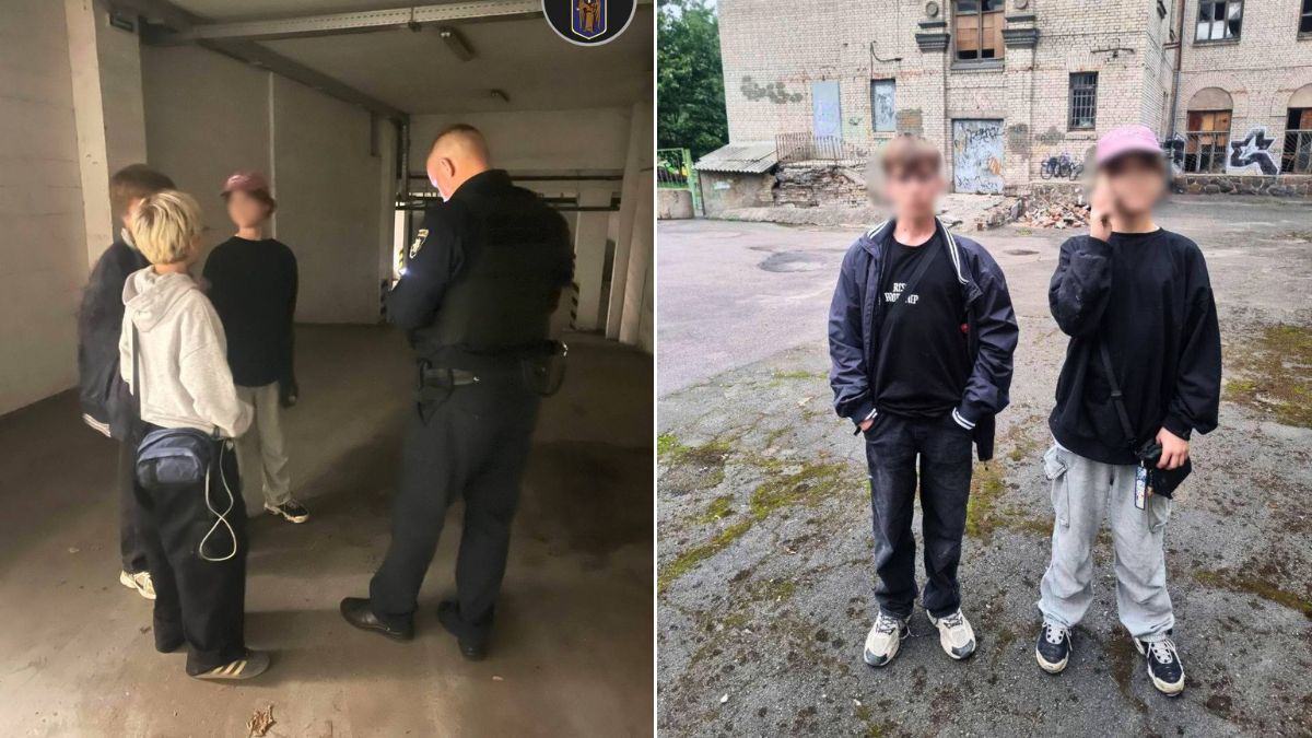 Поліцейський спілкується з трьома підлітками в укритті; поруч на фото двоє підлітків стоять біля закинутої будівлі з графіті