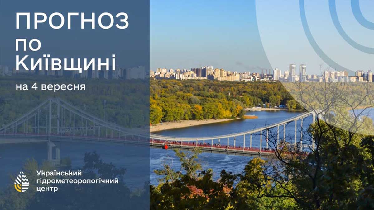 Прогноз погоди на Київщині 4 вересня, зображення Київського мосту та зелених насаджень у місті, дані від Українського гідрометеорологічного центру.
