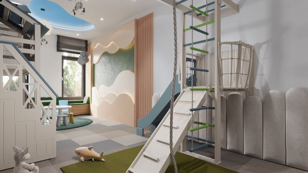 Дитяча ігрова кімната з гіркою, мотузковими сходами, килимом та іграшками