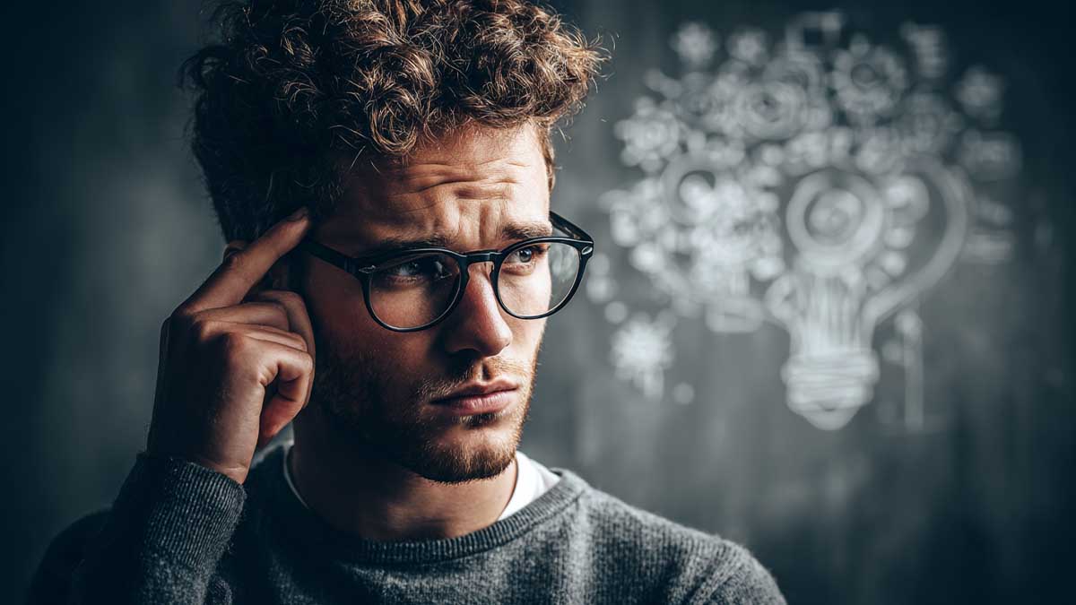 Молодий чоловік з окулярами задумливо подумує, фокусуючись у думках
