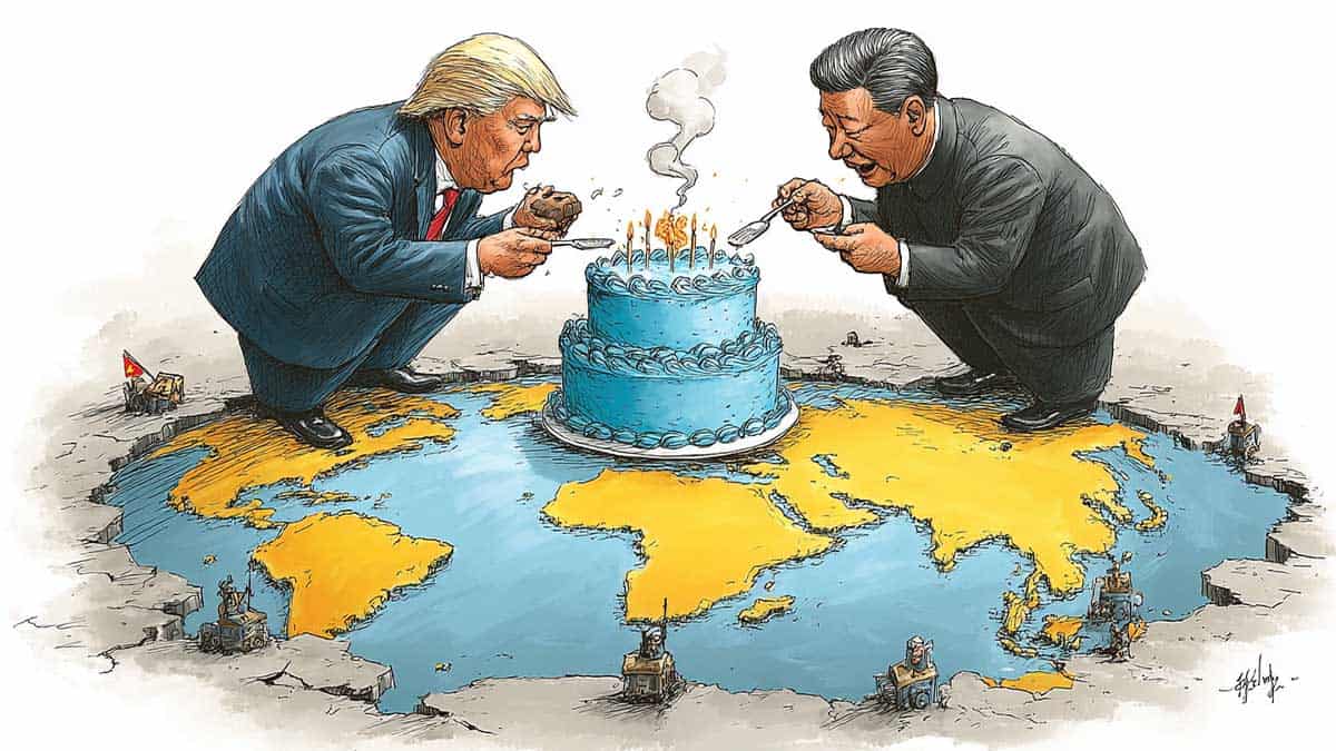Карикатура на Трампа і Сі, які ділять світ у формі торта