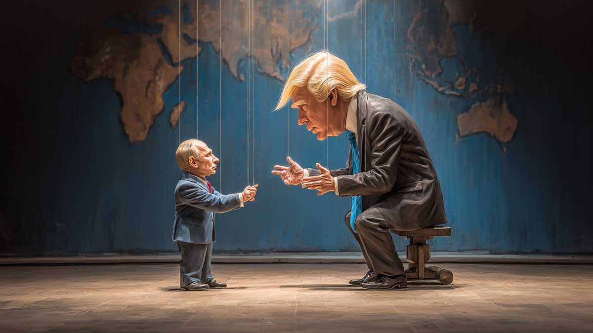 Маріонетки Трамп і Путін на фоні мапи світу. Карикатура