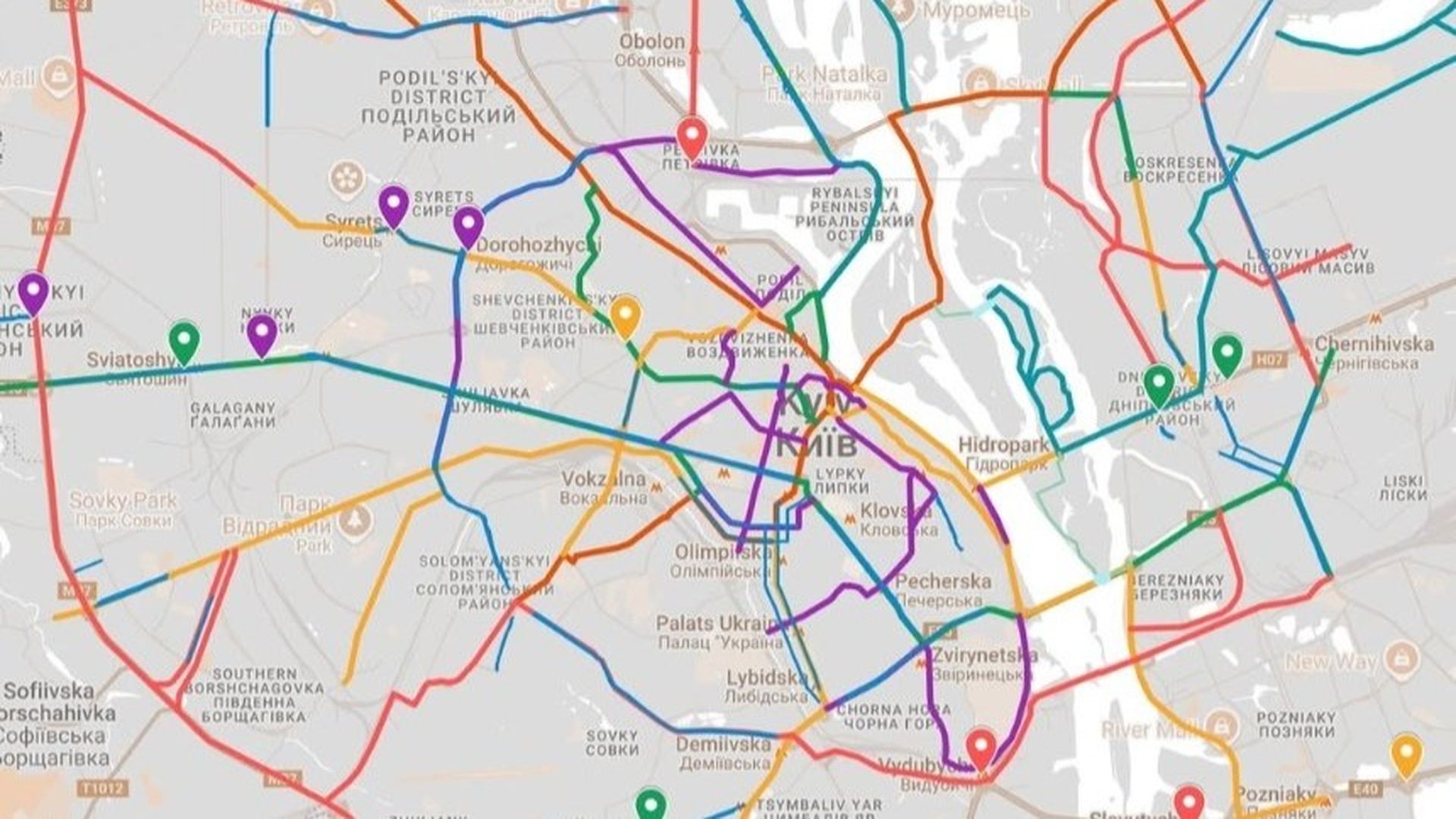 Фрагмент мапи велодоріжок у Києві