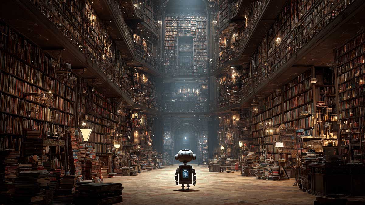 робот стоїть посеред зали бібліотеки