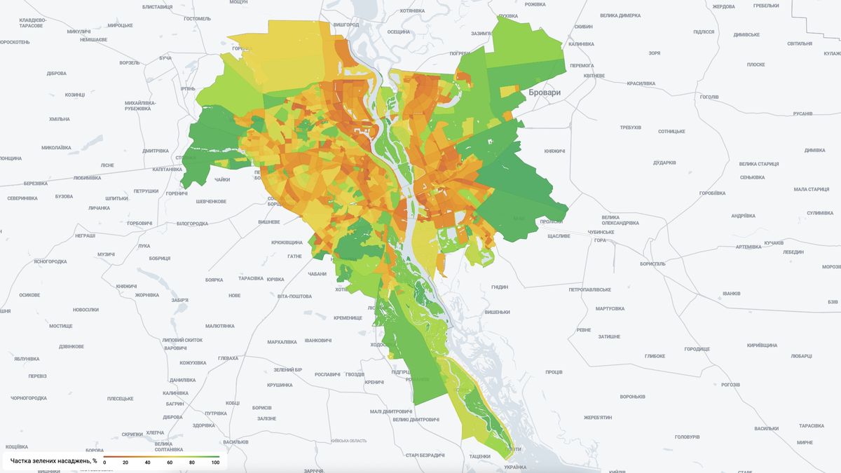 Карта Києва з позначенням частки зелених насаджень