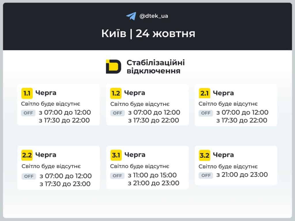 Перелік черг де будуть вимикати світло в Києві