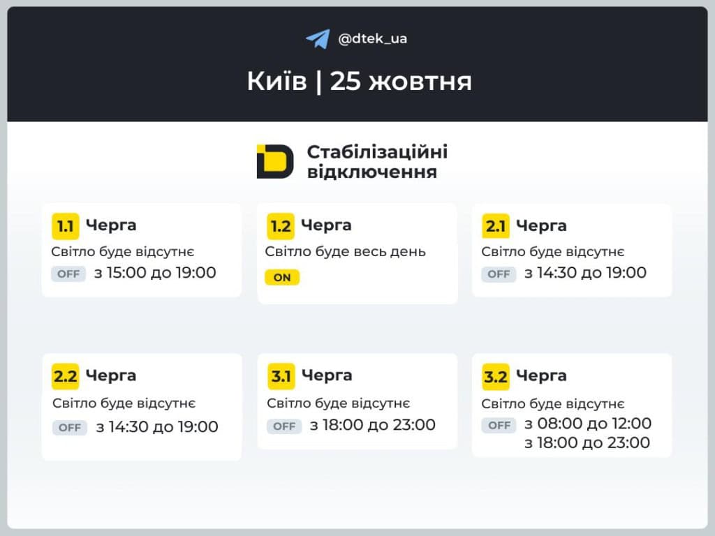 По 9 годин без світла в Києві: графік відключень 25 жовтня Графік відключень світла в Києві на 25 жовтня
