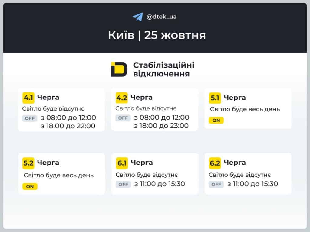 По 9 годин без світла в Києві: графік відключень 25 жовтня Графік відключень світла в Києві 25 жовтня
