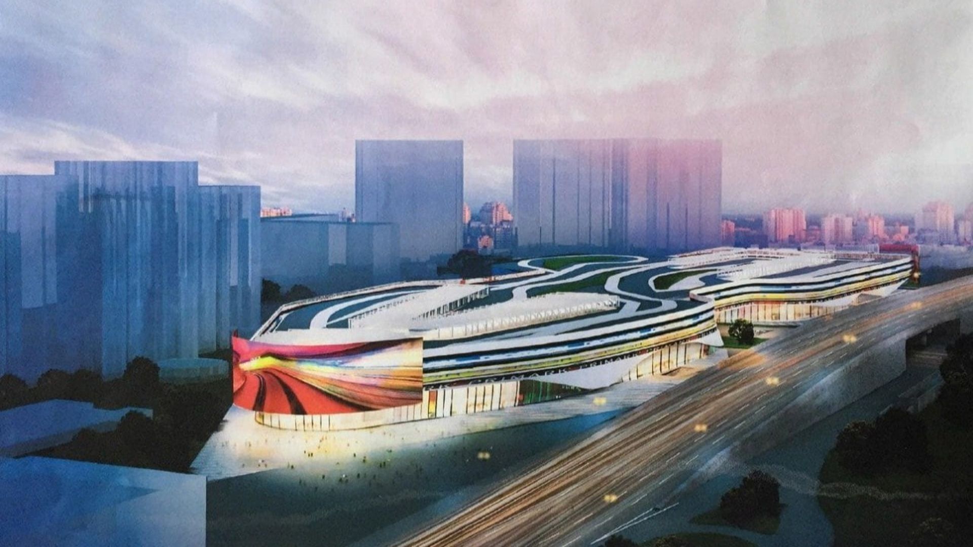 Візуалізація сучасного архітектурного комплексу з хвилястим дахом і яскравим фасадом