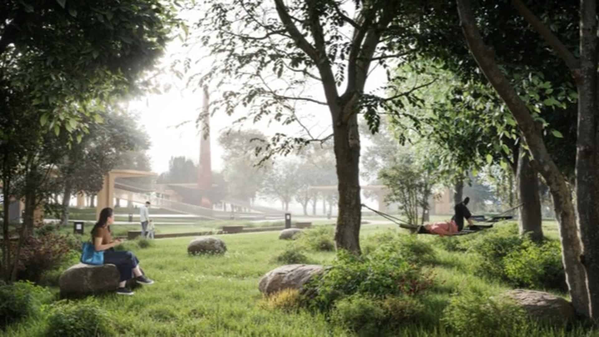 Люди відпочивають серед дерев і трави біля сучасного меморіалу