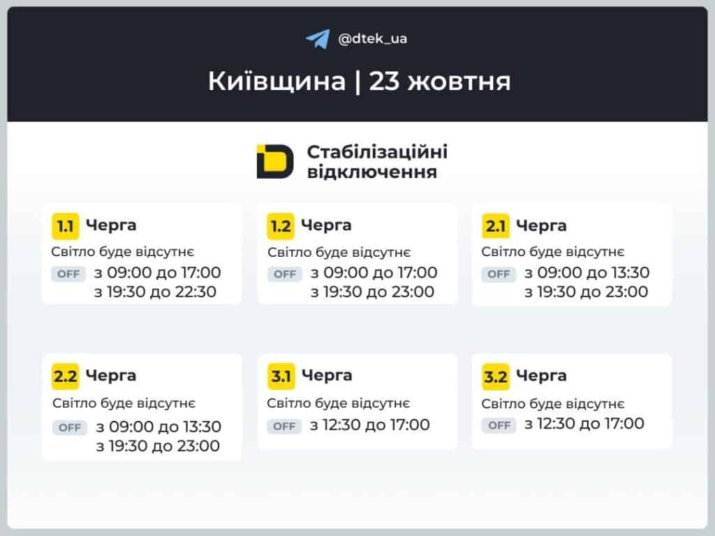 Графік стабілізаційних відключень світла у Київській області на 23 жовтня