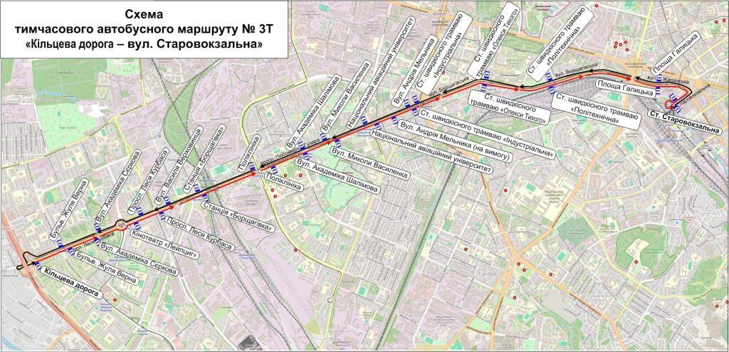 Карта міста Києва з позначеними маршрутами руху транспорту