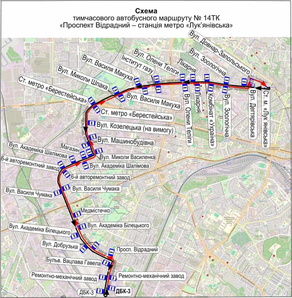 Карта міста Києва з позначеними маршрутами руху транспорту