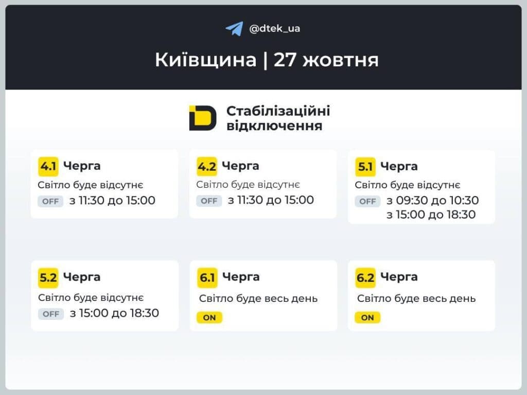 У Києві та області запровадили стабілізаційні відключення світла: графіки Графік відключень світла на Київщині на 27 жовтня