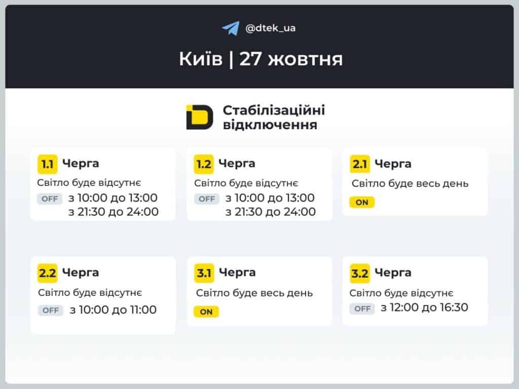 У Києві та області запровадили стабілізаційні відключення світла: графіки Графік відключень світла в Києві на 27 жовтня