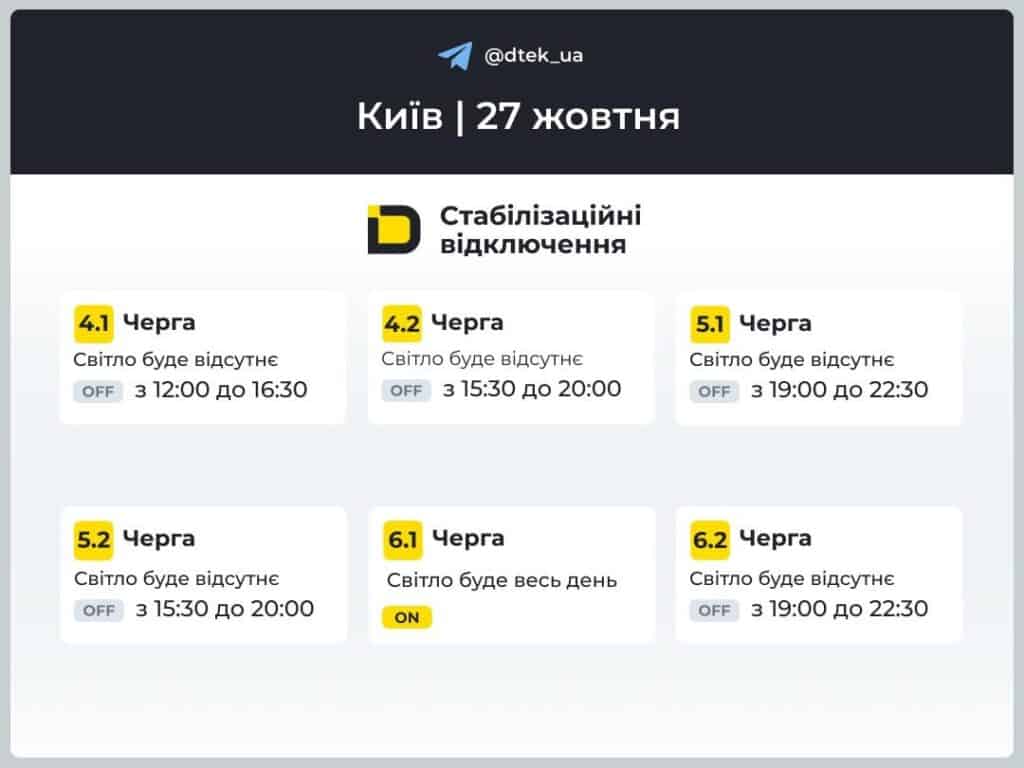 У Києві та області запровадили стабілізаційні відключення світла: графіки Графік відключень світла в Києві на 27 жовтня