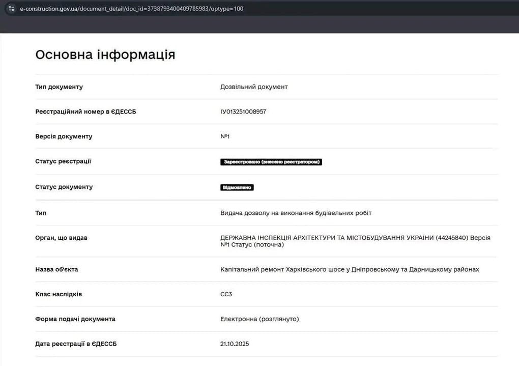 Капремонт Харківського шосе розпочали без необхідних дозволів — активіст Запис із Єдиної державної е-системи у сфері будівництва