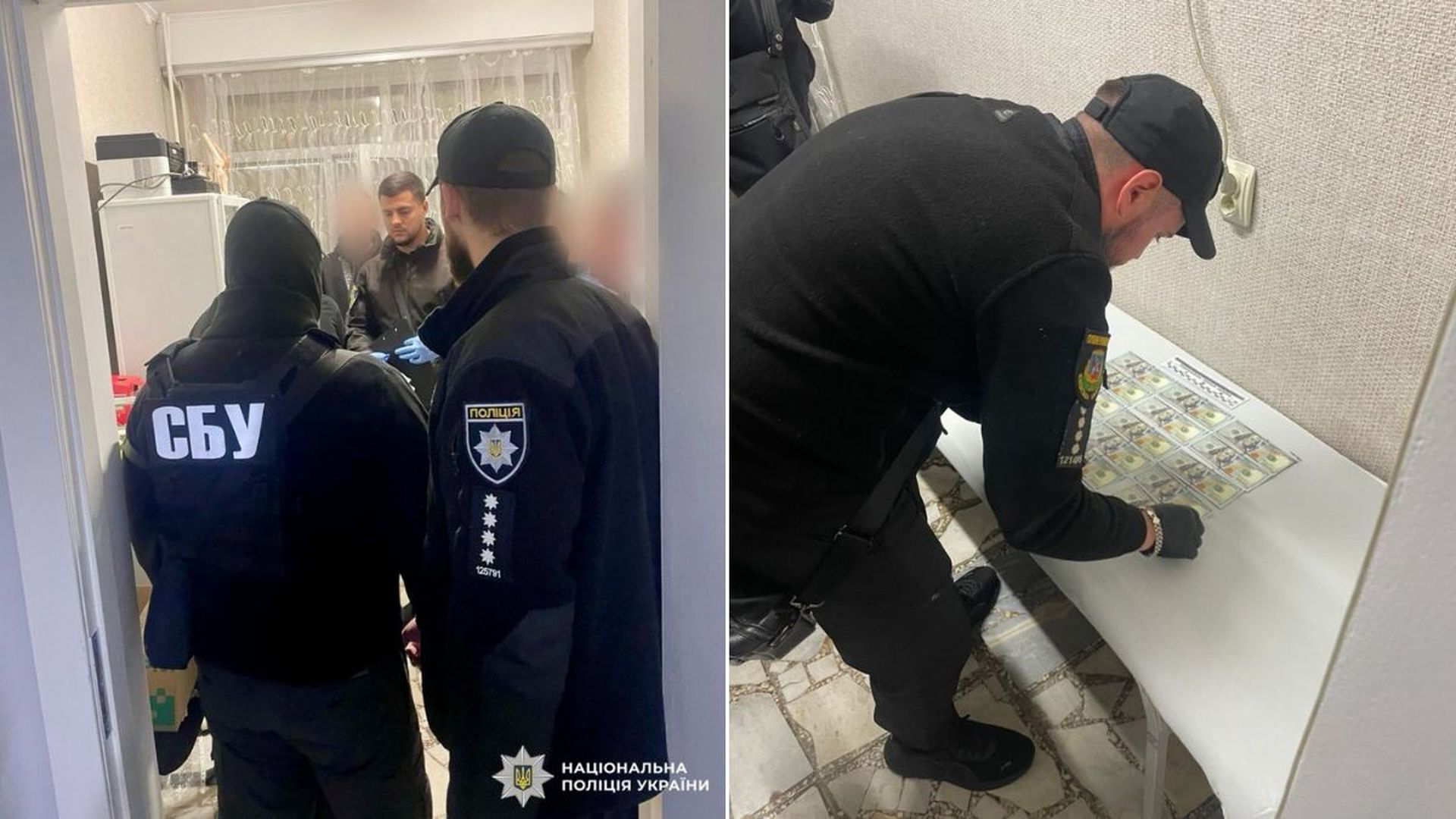 СБУ та поліція під час обшуку — на столі розкладені вилучені долари