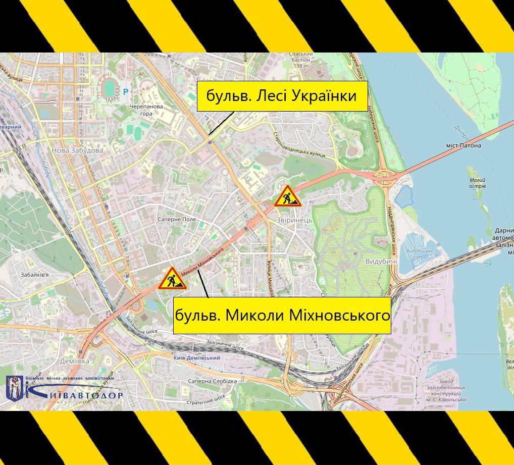 Бульвар Міхновського перекриють на три дні через ремонт Скриншот карти Києва на якому позначена ділянка дороги, яка буде перекрита для транспорту