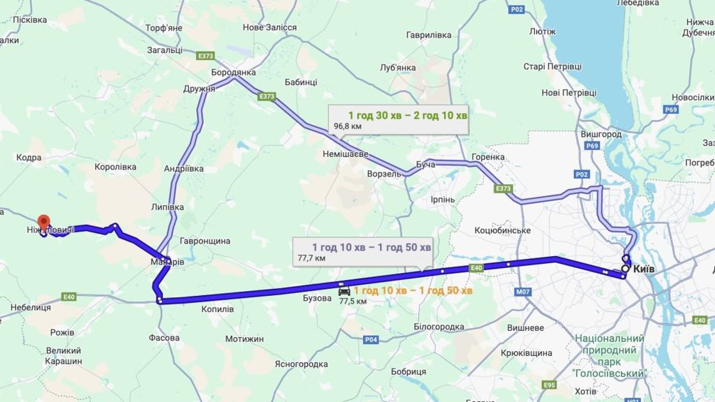 Карта, що показує шлях від Києва до Ніжиловичів