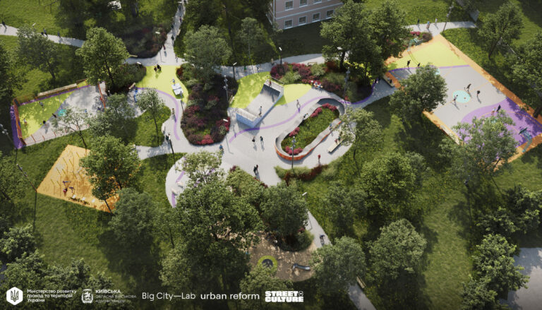 Аерофотознімок проєктованої території з різнокольоровими зонами для спорту й відпочинку серед зелені