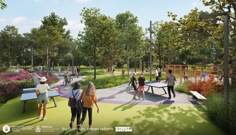 Візуалізація сучасного громадського простору з людьми, які грають у настільний теніс