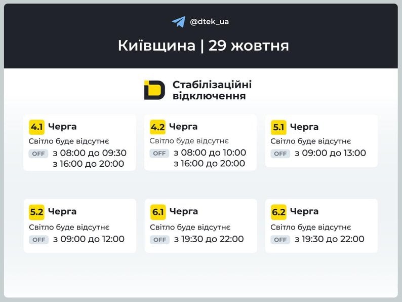 Київ та область: 29 жовтня діятимуть графіки відключень електроенергії Графічно показано де буде вимикатися світло в Київській області 29 жовтня