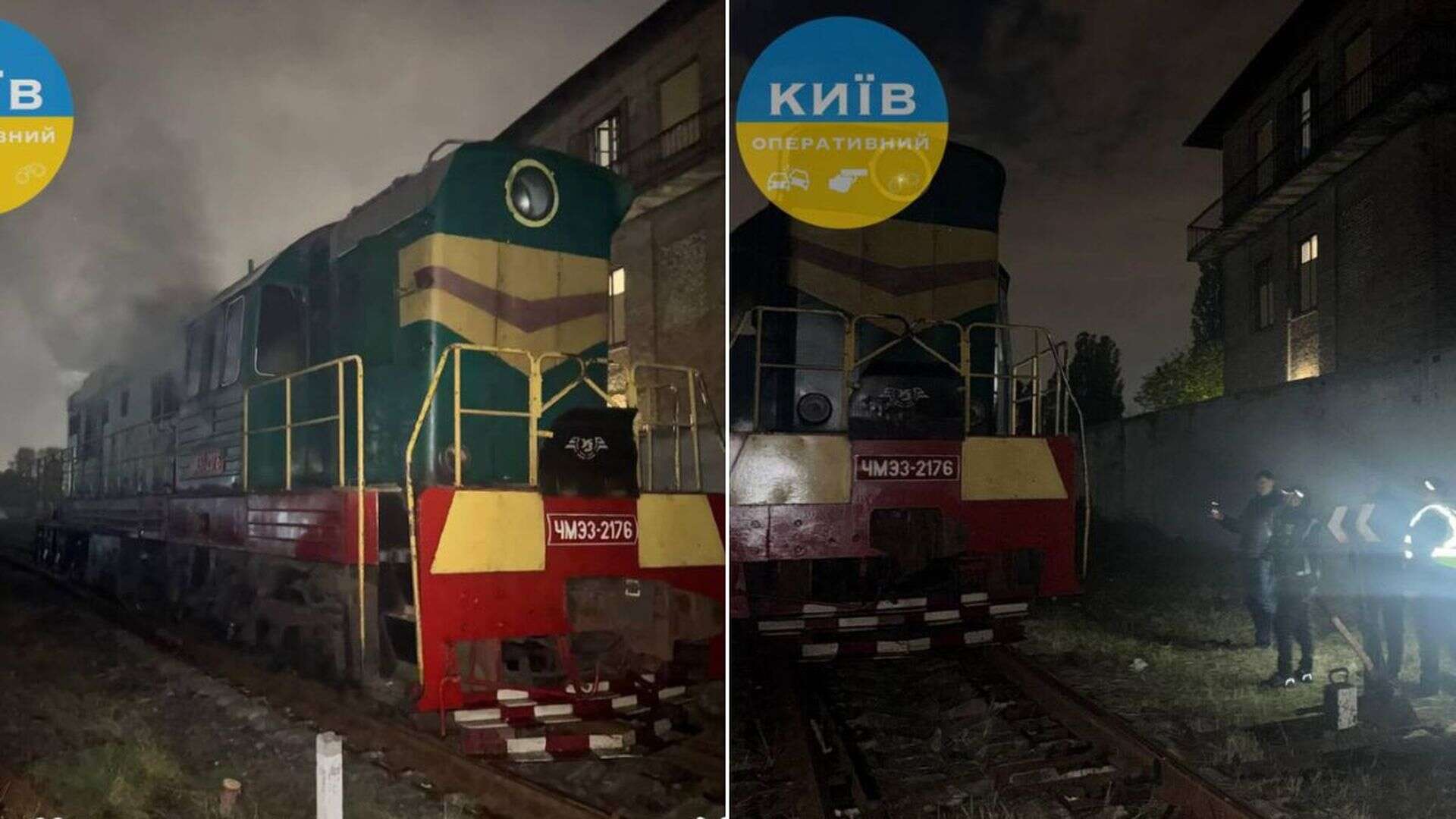 Тепловоз ЧМЕ3-2176 зелено-червоного кольору на залізничній колії