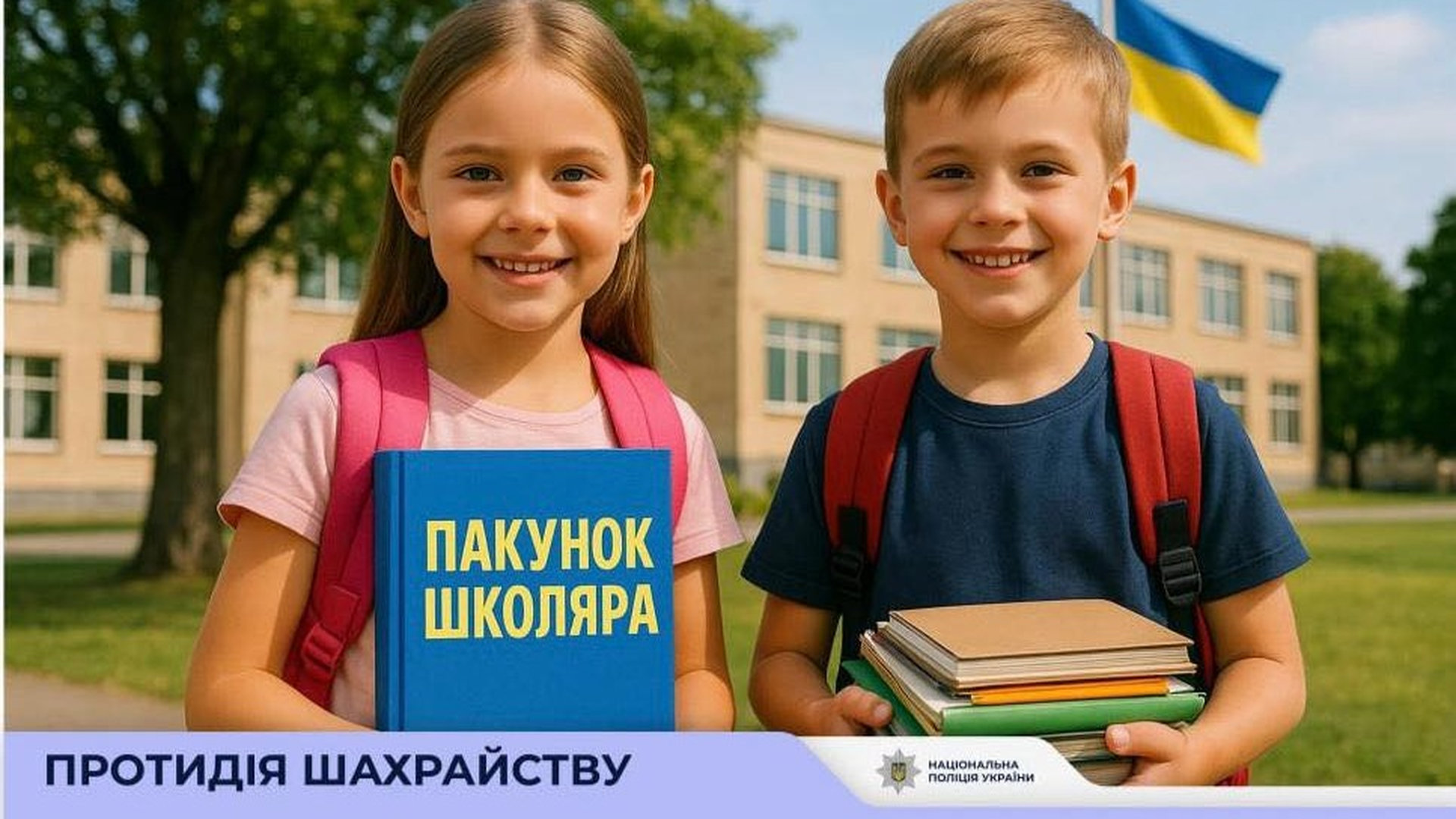 Хлопчик та дівчинка стоять з підручником на подвірʼї школи