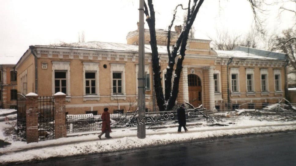 Стара одноповерхова садиба з колонами, зимовий краєвид