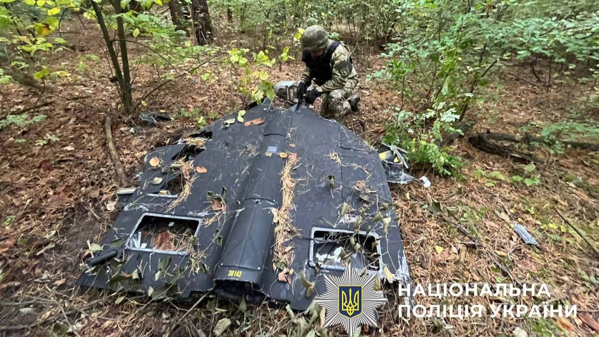 Поліцейський оглядає уламки збитого дрона «Шахед» у лісовій місцевості