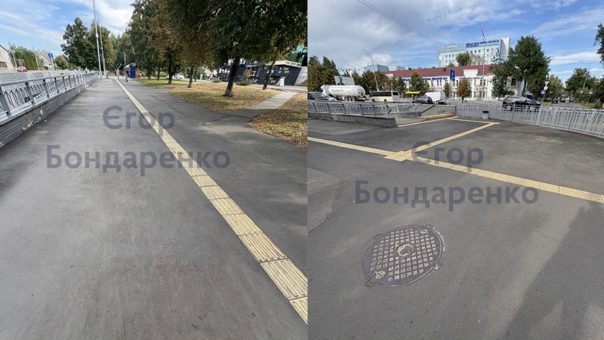 Новий асфальтований тротуар із жовтими тактильними плитками