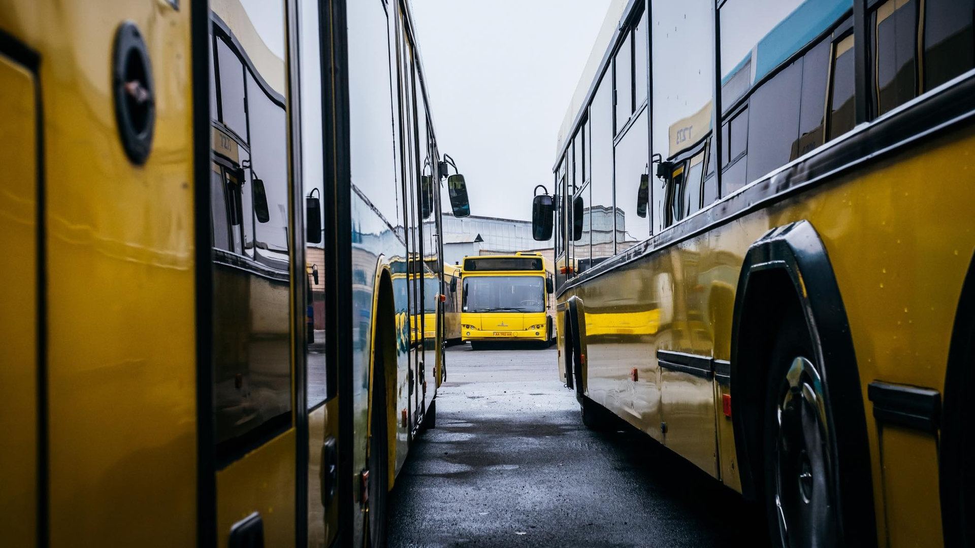 Два міські автобуси Києва стоять на зупинці