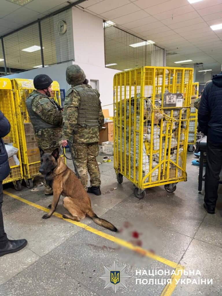 Собака й поліція поруч із контейнерами та слідами крові