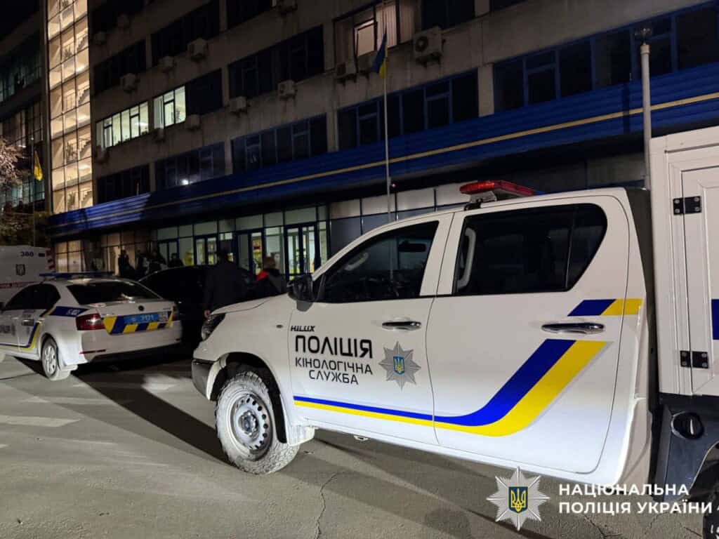 Поліцейські авто біля будівлі, нічна перевірка