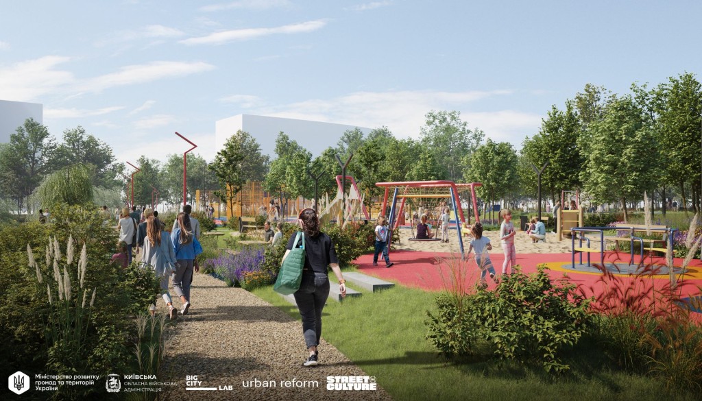 Візуалізація дитячого майданчика з гойдалками, пісочницею та зеленими насадженнями