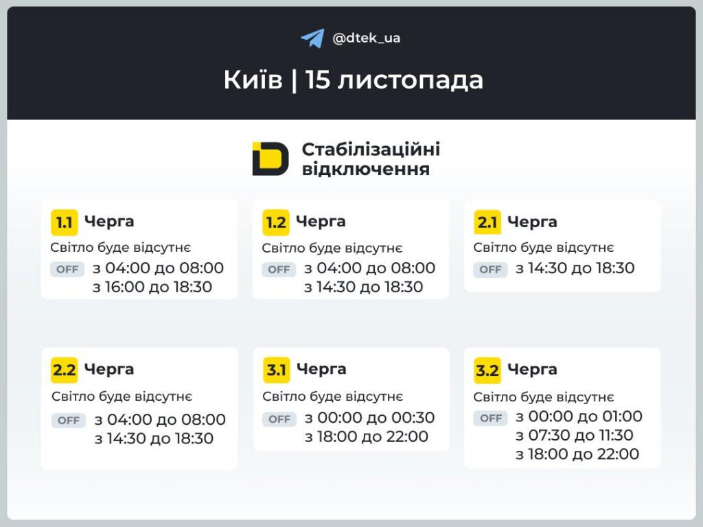 Київ і область: від 3,5 до 10 годин без світла — графік Графік відключень світла