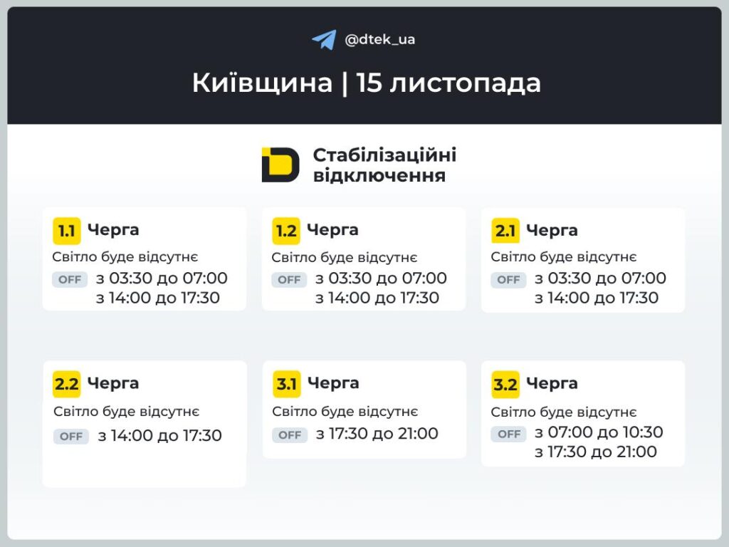 Київ і область: від 3,5 до 10 годин без світла — графік Графік відключень світла