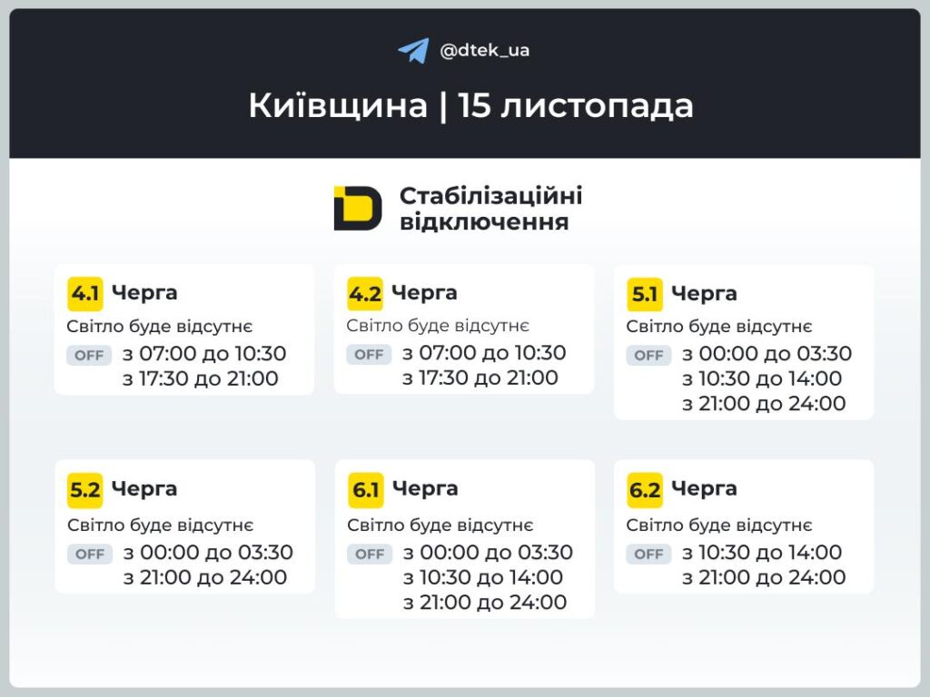 Київ і область: від 3,5 до 10 годин без світла — графік Графік відключень світла