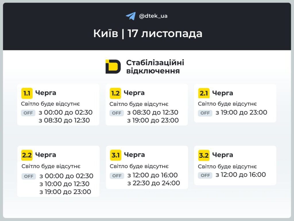 У Києві 17 листопада світло вимикатимуть до 9,5 годин — оприлюднено графіки Графіки відключення світла у стовпчиках