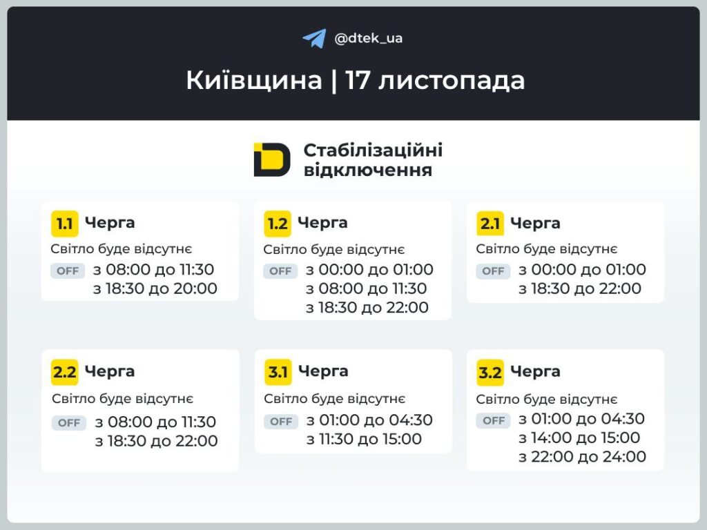 У Києві 17 листопада світло вимикатимуть до 9,5 годин — оприлюднено графіки Графіки відключення світла у стовпчиках