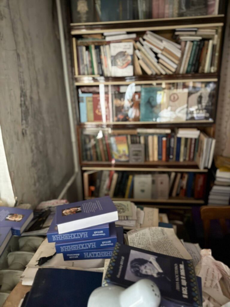 Домашня бібліотека книжок, яка згоріла під час атаки, полиці з книгами