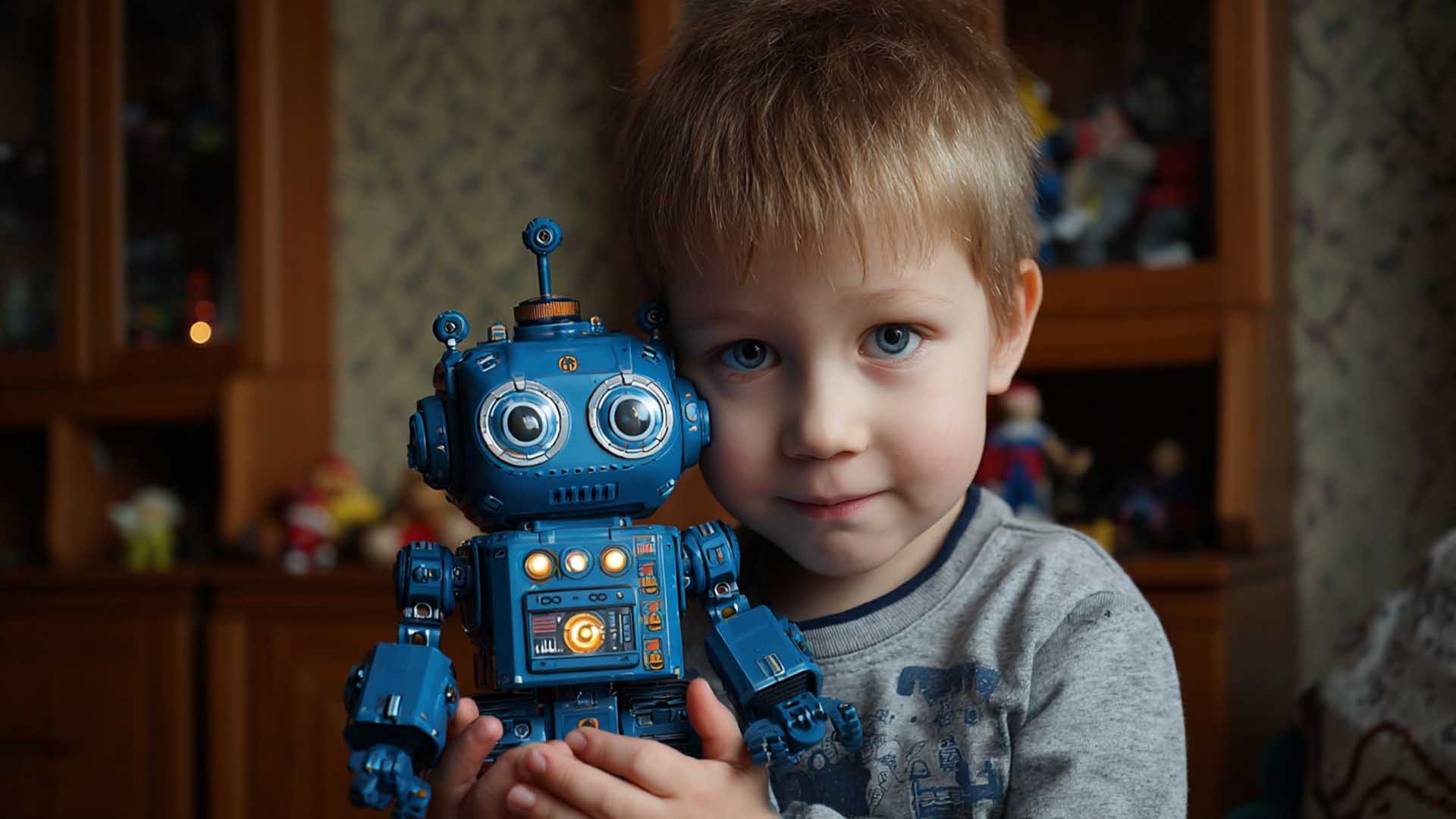 дитина - хлопчик тримає в руках іграшкового робота