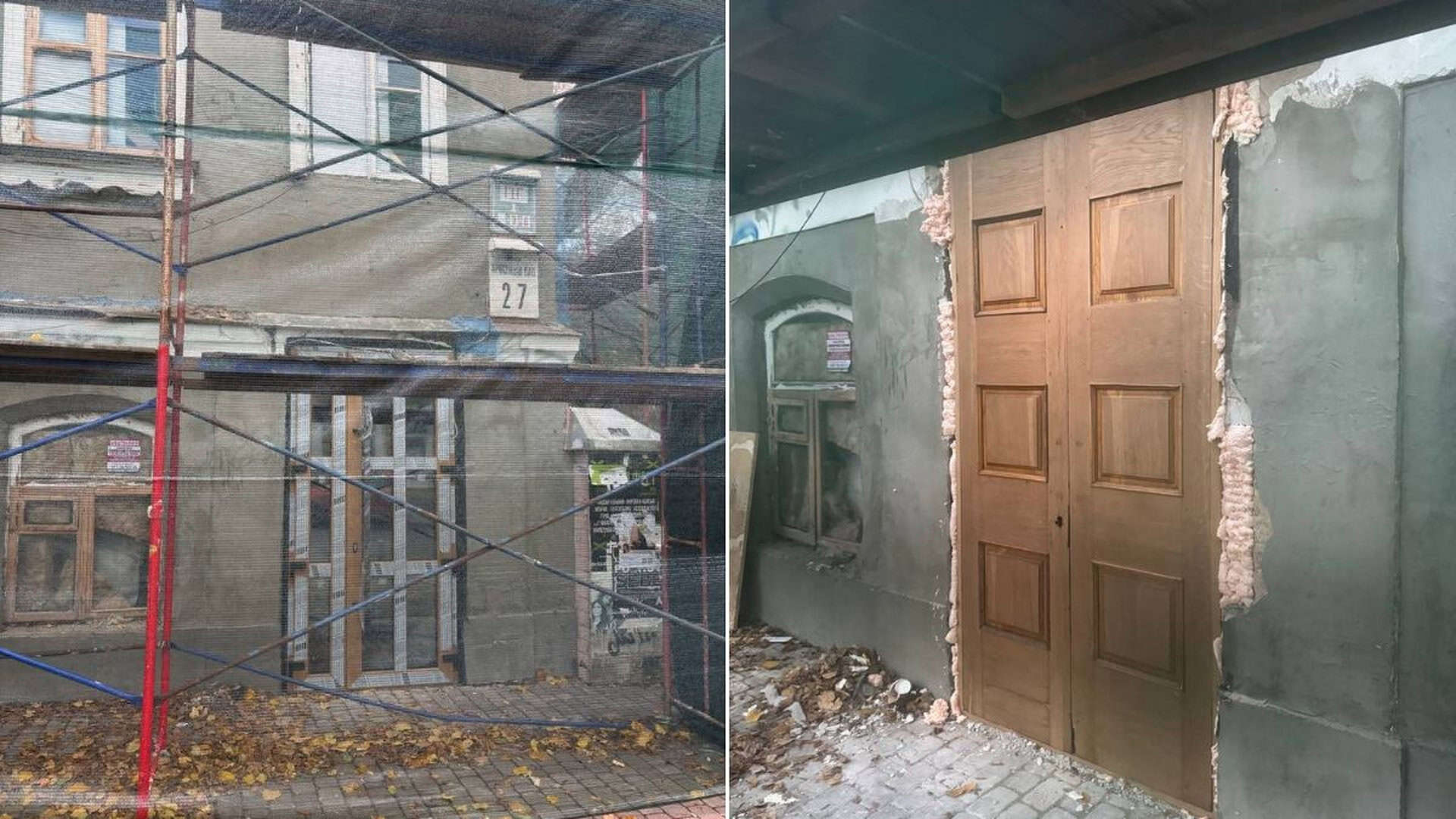 Фасад історичного будинку в риштуванні, поруч нові дерев'яні двері у стіні