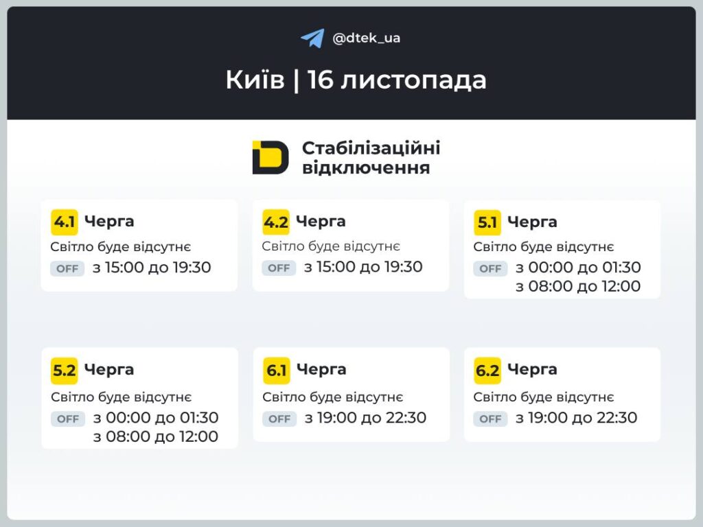 Київ 16 листопада: до 8,5 годин без світла — графіки Київ 16 листопада: до 8,5 годин без світла — графіки