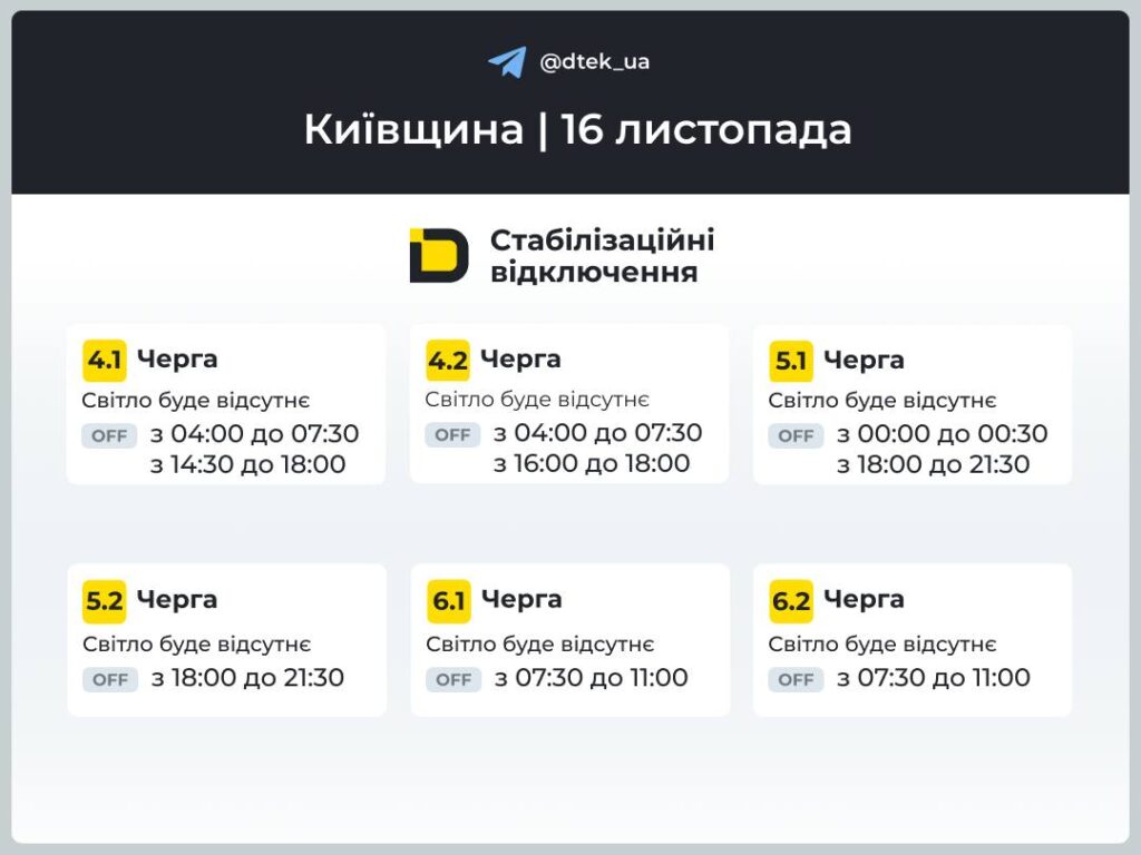Київ 16 листопада: до 8,5 годин без світла — графіки Київ 16 листопада: до 8,5 годин без світла — графіки