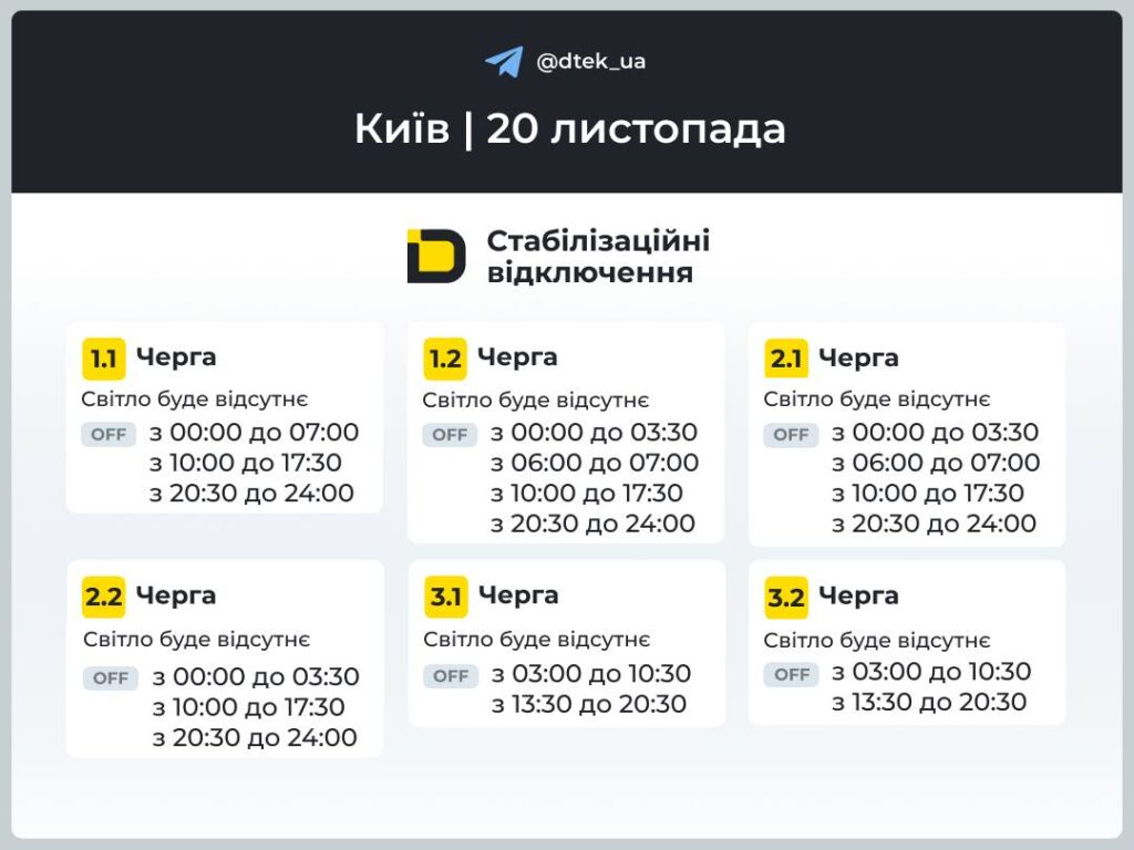 Графік відключень світла від ДТЕК для Києва на 20 листопада 1.1 — 3.2 черги